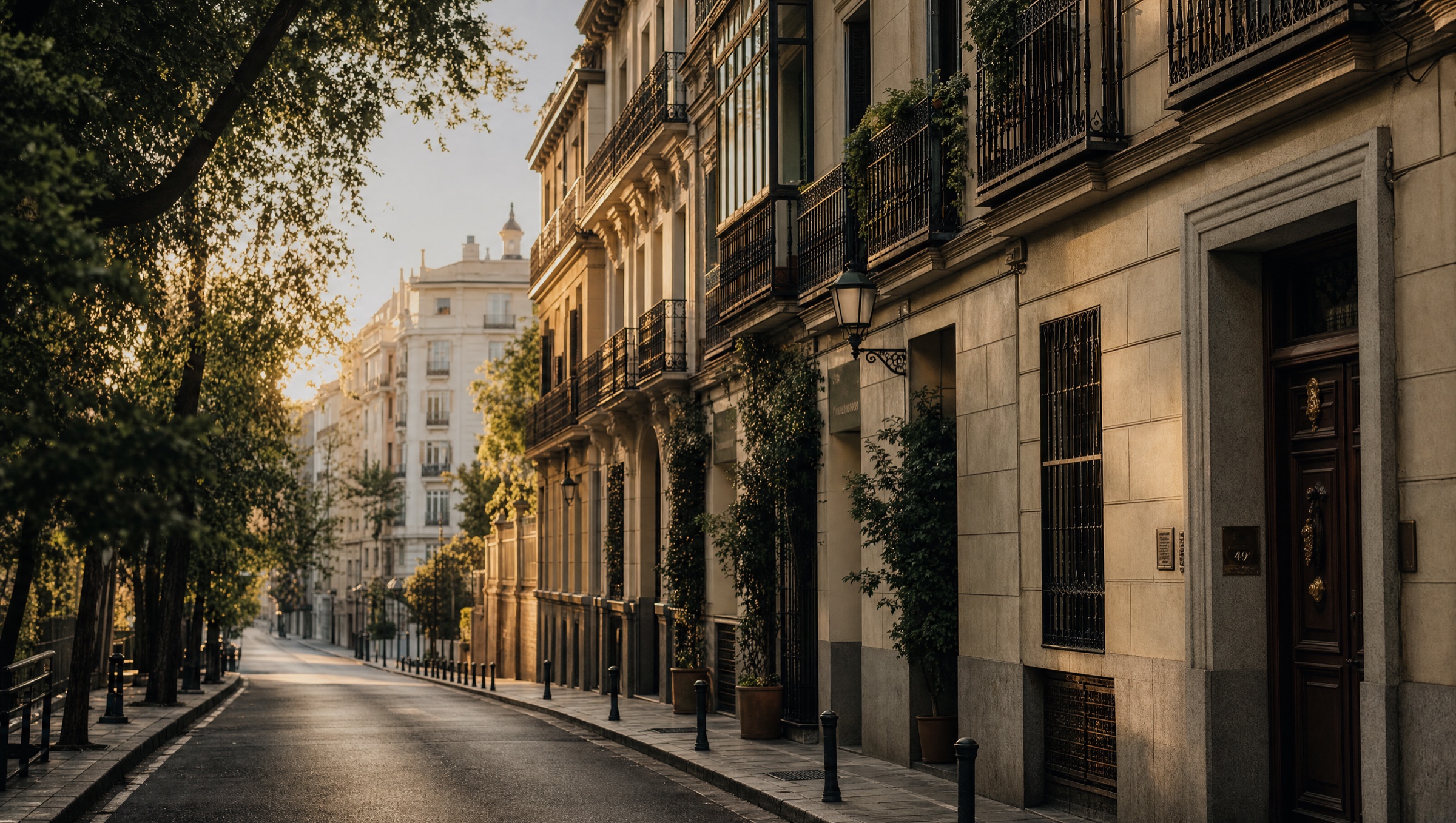 Calle de Madrid con edificios clásicos al atardecer
